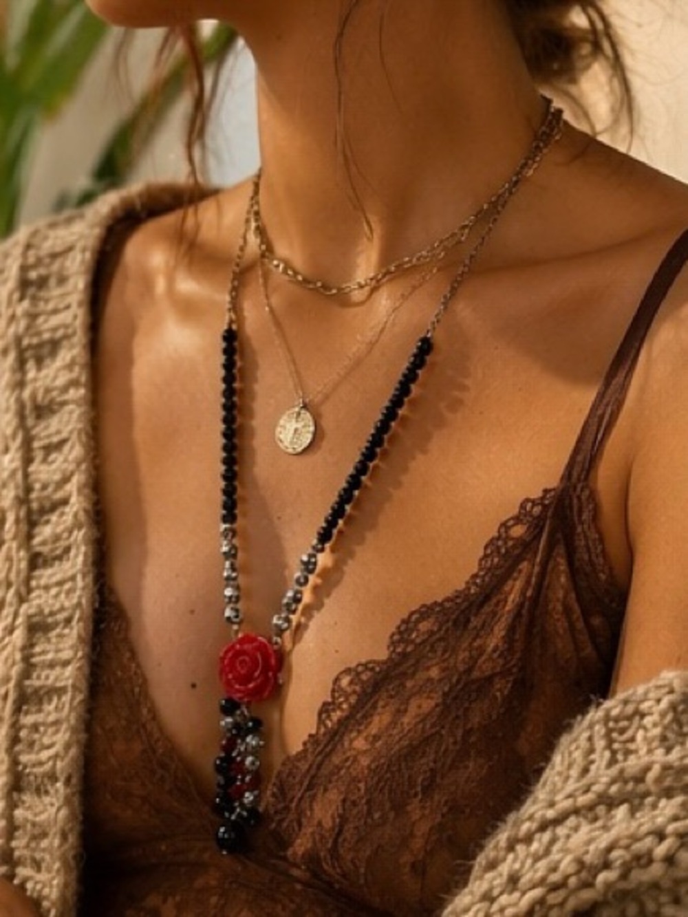 Vintage Red Rose Pendant Necklace Boho Y2K Beaded Dangle Statement